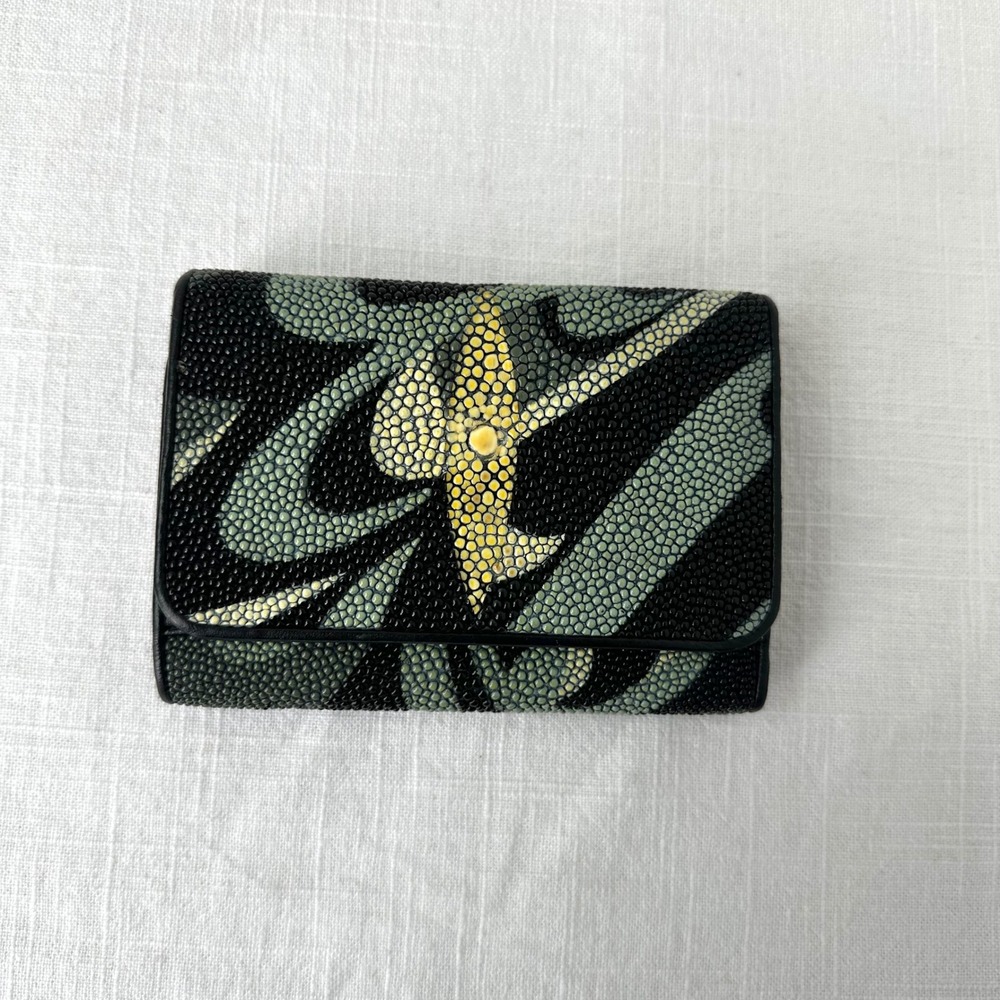 Vintage Genuine Stingray Leather Wallet Painted Bird Floral Black Green Yellow